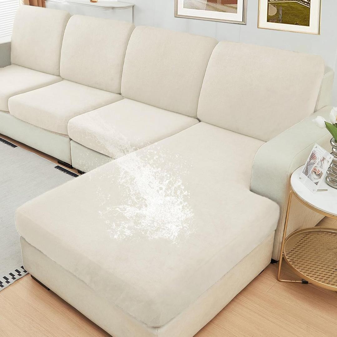 NAISI Waterproof Couch Cushion Covers Thick Velvet Fabric Washable Sofa Slipcovers Sectional Couch Covers for 3 Pieces Separate L Shape Couch Cover with Elastic Bottom (1 Chaise,Ivory)