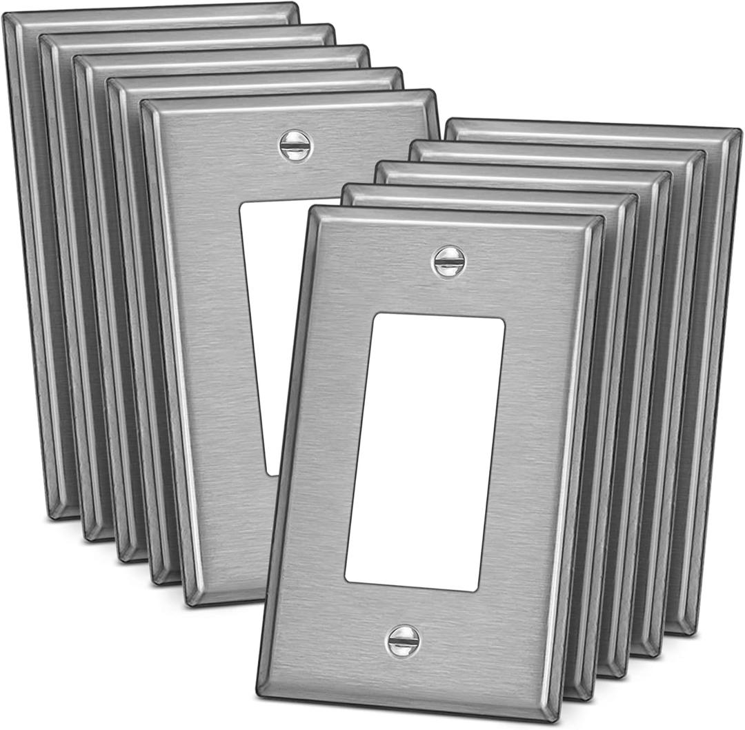 BESTTEN 10 Pack Midsize Decor Receptacle Metal Wall Plate with Protective Film, Decorator Stainless Steel Midway Outlet Cover, Corrosion Resistant, Brushed Finish, Silver