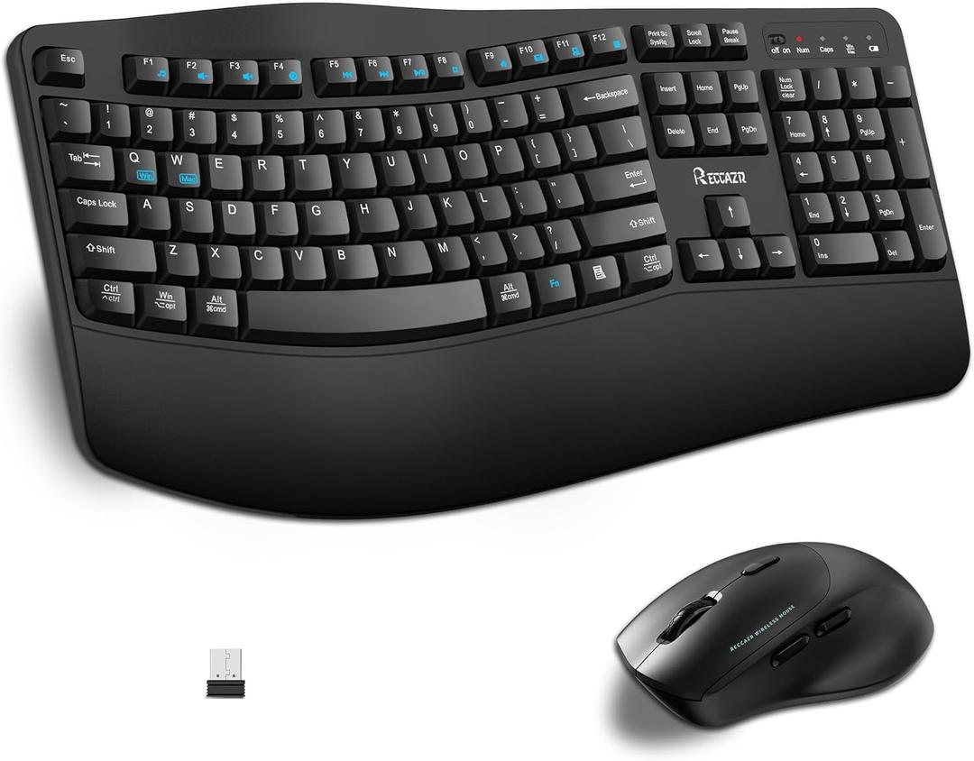 Wireless Keyboard and Mouse Combo, Full Size Wave Keys Ergonomic 2.4G Keyboard with Wrist Rest for Natural Typing, 3 DPI Adjustable Ergonomic Silent Mouse for Computer/Laptop/Windows/Mac (Black)