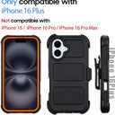 for Defender Phone Case iPhone 16 Plus Case with Clip Holster,Heavy Duty Rugged Full-Body Protective,3 Layers of Sturdy,Military-Grade Shockproof Cover for iPhone Plus 16 Case Defender(Black & Orange)