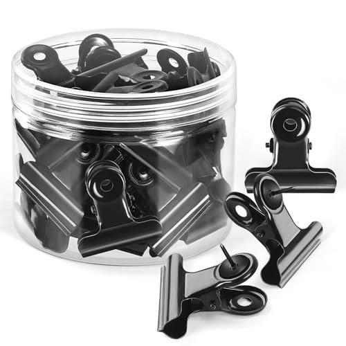 GOOLADA 36 Pieces Black Push Pins Clips Metal Push Pin with Clips Black Pushpin Clip Bulldog Clip with Pins Thumb Tacks for Bulletin Board Cork Board Cubicle Wall for Classroom School Office
