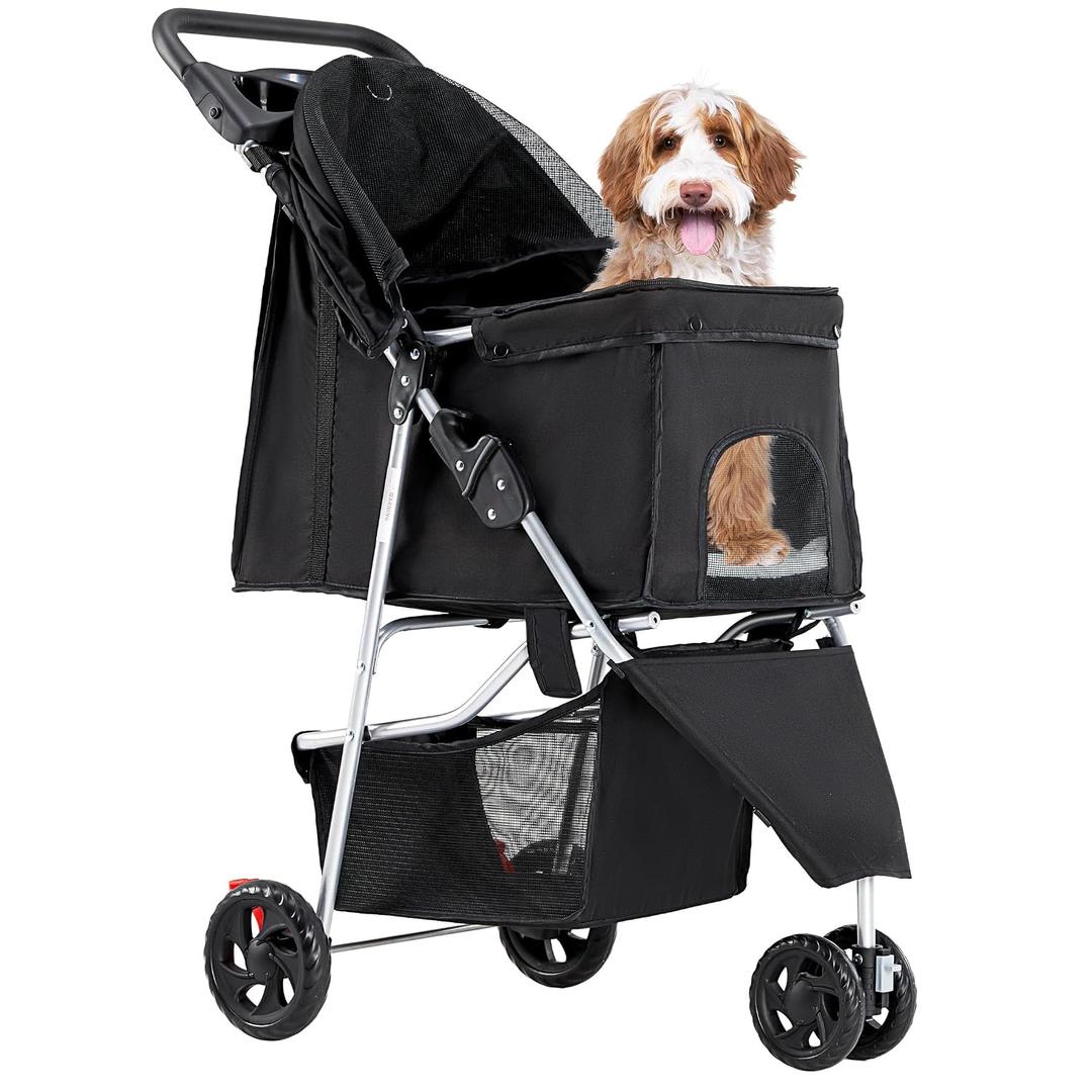 3 Wheel Pet Stroller for Dogs and Cats, Foldable, Lightweight and Durable, Ideal for Small to Medium Pets, Includes Storage Basket and Cup Holders