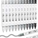 Guangna 12 Grey Dual Tip Acrylic Paint Markers, Brush Tip & Chisel Tip Acrylic Paint Pens for Rock, Wood, Glass, Paper, Coloring Book, Ceramic, Canvas, Water-Based Ink