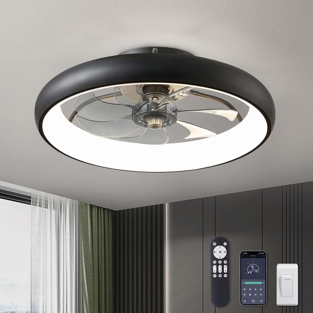 LUDOMIDE Ceiling Fans with Lights 20'' Flush Mount Fan Remote & APP Control Black Low Profile 6 Wind Speeds Smart Dimmable LED for Bedroom Living Room (Y1095-BK-ELE)