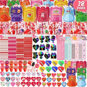 Valentines Day Gifts for Kids - 28 Pack Valentines Day Stationery Gift for School with Cards Pencils Erasers Sharpener Stampers Goodie Bags for Classroom Prize School Exchange Boys Girls Party Favors