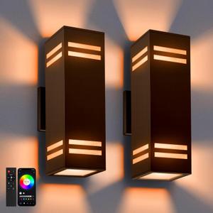 Smart Outdoor Wall Lights 2 Pack, IP65 RGB Wall Lights Up Down Outdoor Lights Color Changing, RGBCW APP Control Exterior Lighting Fixture Compatible with Alexa Google Assistant (Bronze)