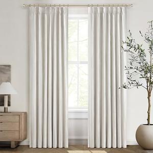QJmydeco Buttercream Blackout Curtains 90 Inches Long, Thick Linen Patio Drapes for Insulated Sliding Glass Doors Cute Curtains for Nursery Bedroom Aesthetic Pinch Pleated with Hooks 2 Panels