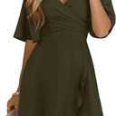 Dokotoo Women's Wrap V Neck Short Flared Sleeve Wedding Guest Dress Smocked Elastic Waist Tiered Belted Ruffle Hem Mini Dress, 2XL