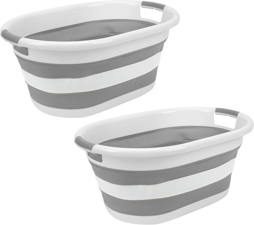 Simplify 2pk Collapsible Laundry Basket | Portable | Space Saver Storage | Hold 2 Loads | Store Under the Bed or Closet | Good for Kids | Dorm | Bedroom | Large | White/Grey
