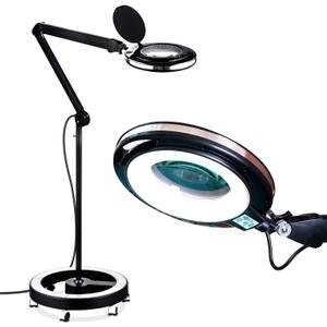 Brightech Lightview Pro Magnifying Glass with Stand & Light, Magnifying Floor Lamp with 6-Wheel Rolling Base for Facials & Lashes  Dimmable LED Work Light for Crafts, Sewing, and Projects - 5 Diopter (Black)