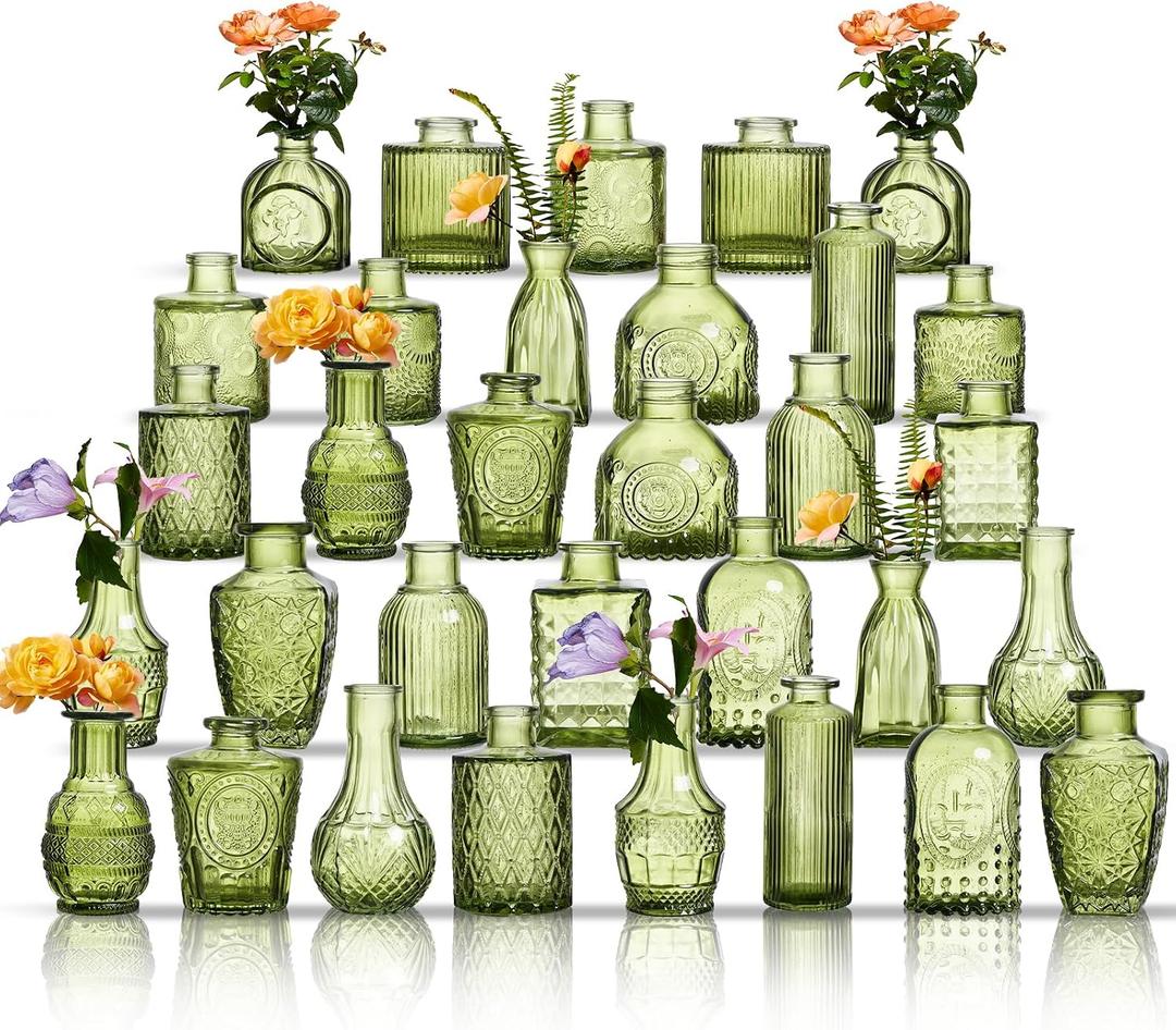 Glass Bud Vases Set of 32 - Green Assorted Small Mini Glass Vases for Flowers, Crystal Vintage Vase Set, Bulk Centerpieces for Table Dcor, Wedding, Home and Events (Green, 32 Pcs)