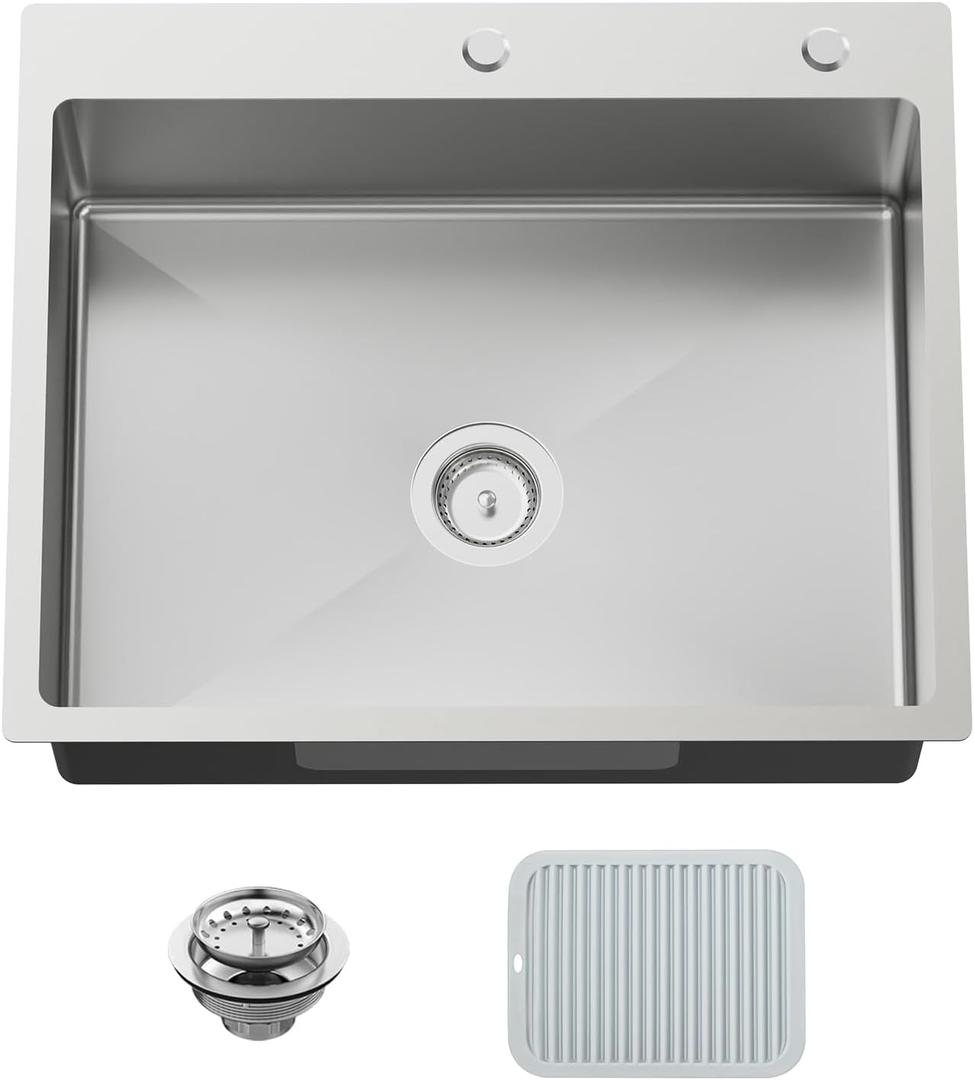 Kitchen And Bar Sink, 27x22 Inch Stainless Steel Drop In Modern Single Bowl Topmount Kitchen And Bar Sink Combo-Silicon Mat,Drain Strainer Set Compatibility With Various Kitchen&Bar Style