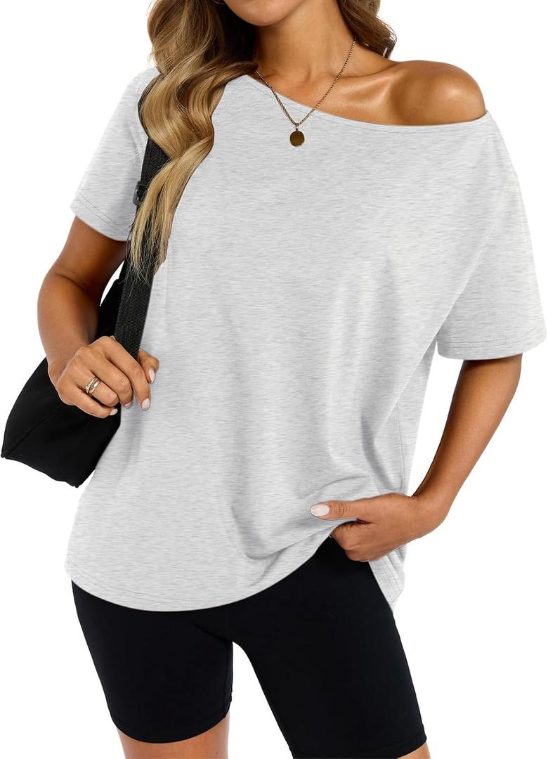 Womens Cotton Off The Shoulder Tops Oversized Short Sleeve T-Shirts Casual Summer Tees Trendy Clothes 2025 Light Grey, 2XL