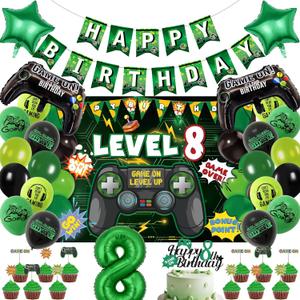 Video Game Birthday Decorations Boys - 38 Pcs Green Level Up 8th Gaming Party Banner Backdrop Foil Balloons Cake Cupcake Toppers Decor Kits For 8 Year Old Party Supplies