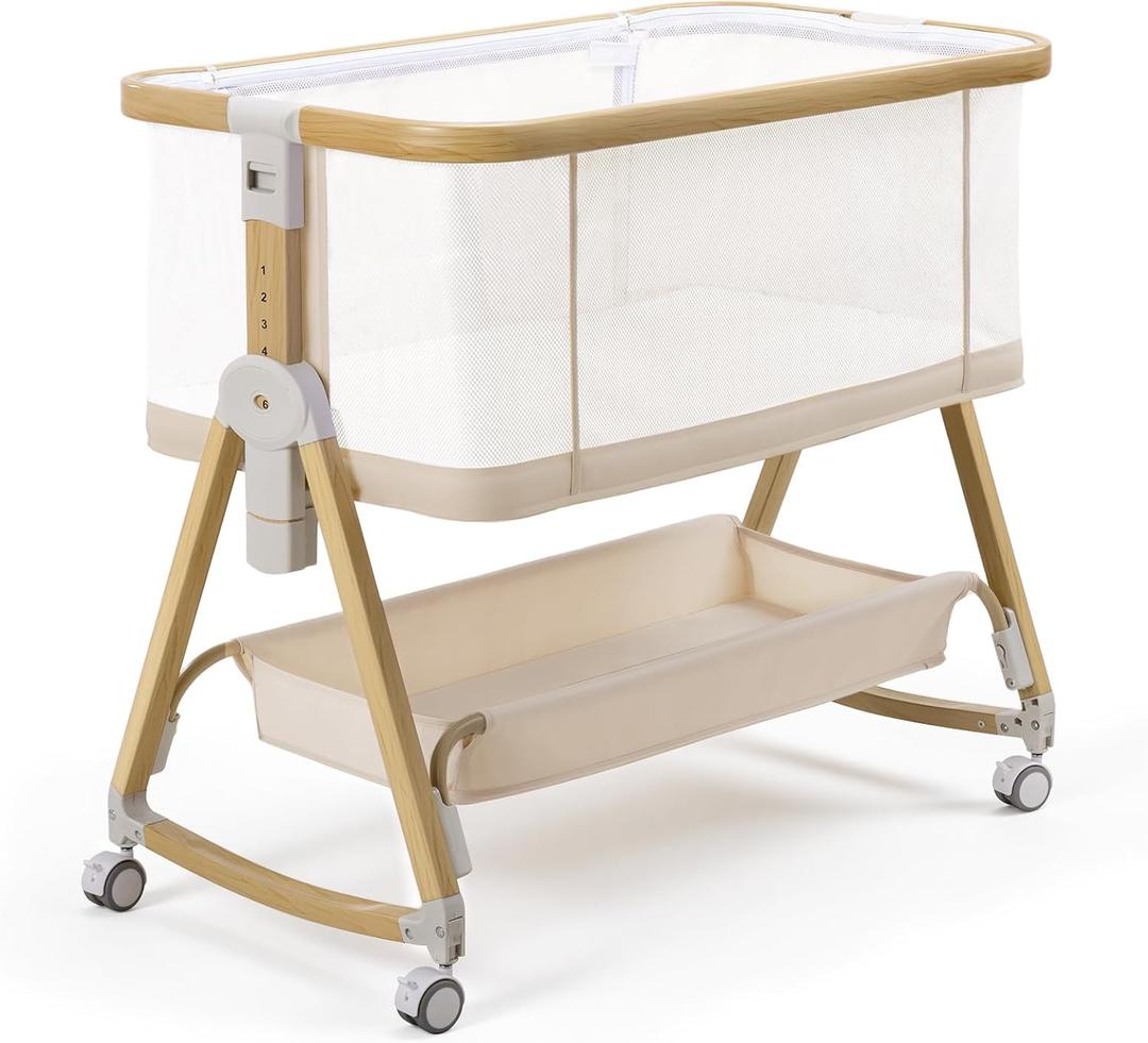 suihuooo Baby Bedside Bassinet, Bassinet Storage Basket and Wheels, Beige, Crib