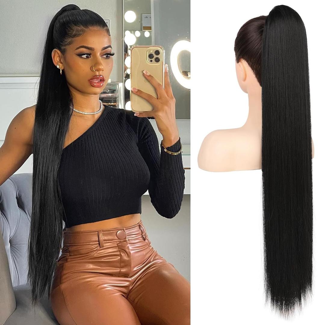 FLUFYMOOZ ponytail extension, 30 Inch Long Straight Drawstring Ponytail Synthetic Hairpieces Fake Pony Tails Natural Soft Clip in Hair Extension ponytail for Women (Natural Black)