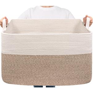 Goodpick Extra Large Woven Blanket Basket, 23.6" x 15.7" x 13.8" Storage Organizer for Blankets, Toys, Dirty Clothes, Rectangle Cotton Rope Basket for Living Room, Nursery, Bedroom (White & Light Brown)
