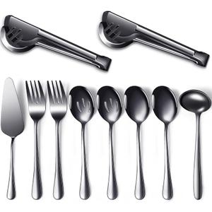 Patelai Serving Utensils Set Include Stainless Steel Large Spoons Slotted Spoons Forks Tongs Soup Ladle and Pie Server for Parties Buffet Catering, Dishwasher Safe(Black,10 Pieces)