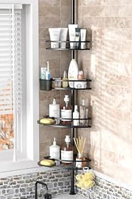 Tension Pole Shower Caddy Corner: Adjustable 4tier Bathroom Organizer Shelves - Rustproof Bathtub Shampoo Rack 43.5-120 inch (Silver)