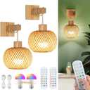 Battery Operated Wall Sconce with Remote Set of 2, Rechargeable Boho Wall Sconces with 8000mAh Bulbs, 3CCT+12RGB Dimmable Woven Bamboo Wall Light/Lamp Rattan Sconces for Bedroom Living Room