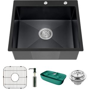 Black Kitchen Sink, Stainless Steel Topmount 25x22x9 Inch Single Bowl Drop In Kitchen Sink Combo- Stainless Grid,Soap Dispenser,Faucet Mat,Drain Strainer Set for Modern Style Kitchen&Bar, 23"W x 18"L x 9"D