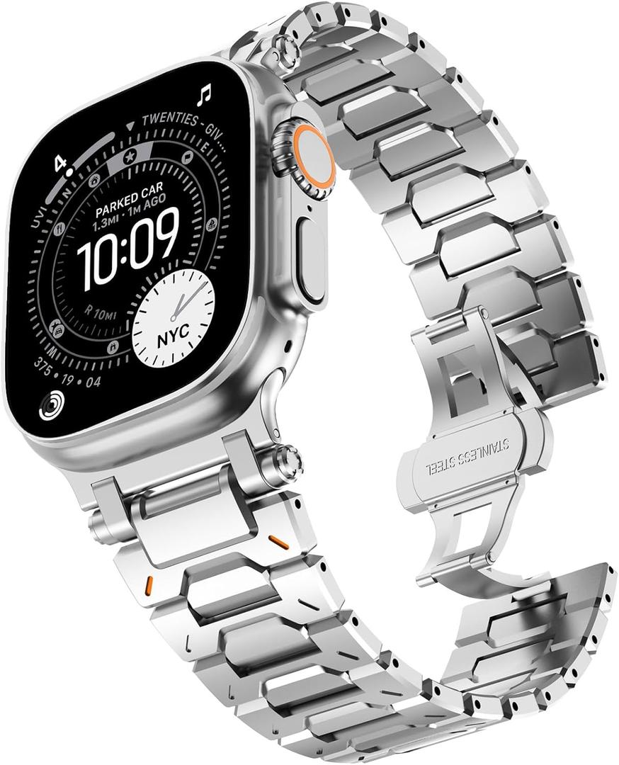 KADES Stainless Steel Band Compatible for Apple Watch Band Ultra 3/2/1 49mm Series 11/10 46mm/42mm Series 9/8/7 45mm/41mm Series SE/6/5/4 44mm/40mm Series 3/2/1 42mm/38mm (Silver-Metal)