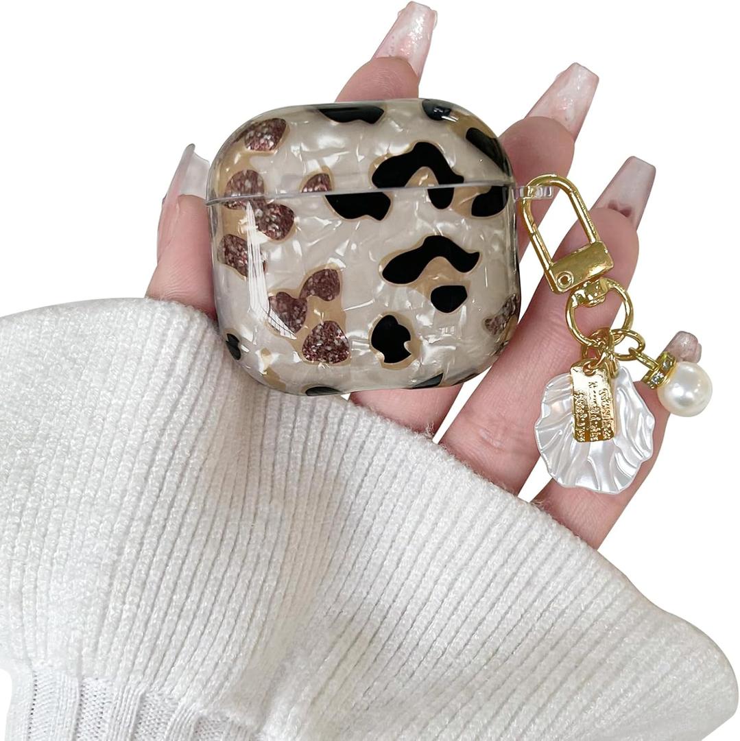 Lovmooful Compatible for AirPods 4th Case Cute Leopard Print Cool Cheetah Shell Pattern with Chain Design for Women Girls Soft TPU Shockproof Protective Cover Case for AirPods 4-Beige