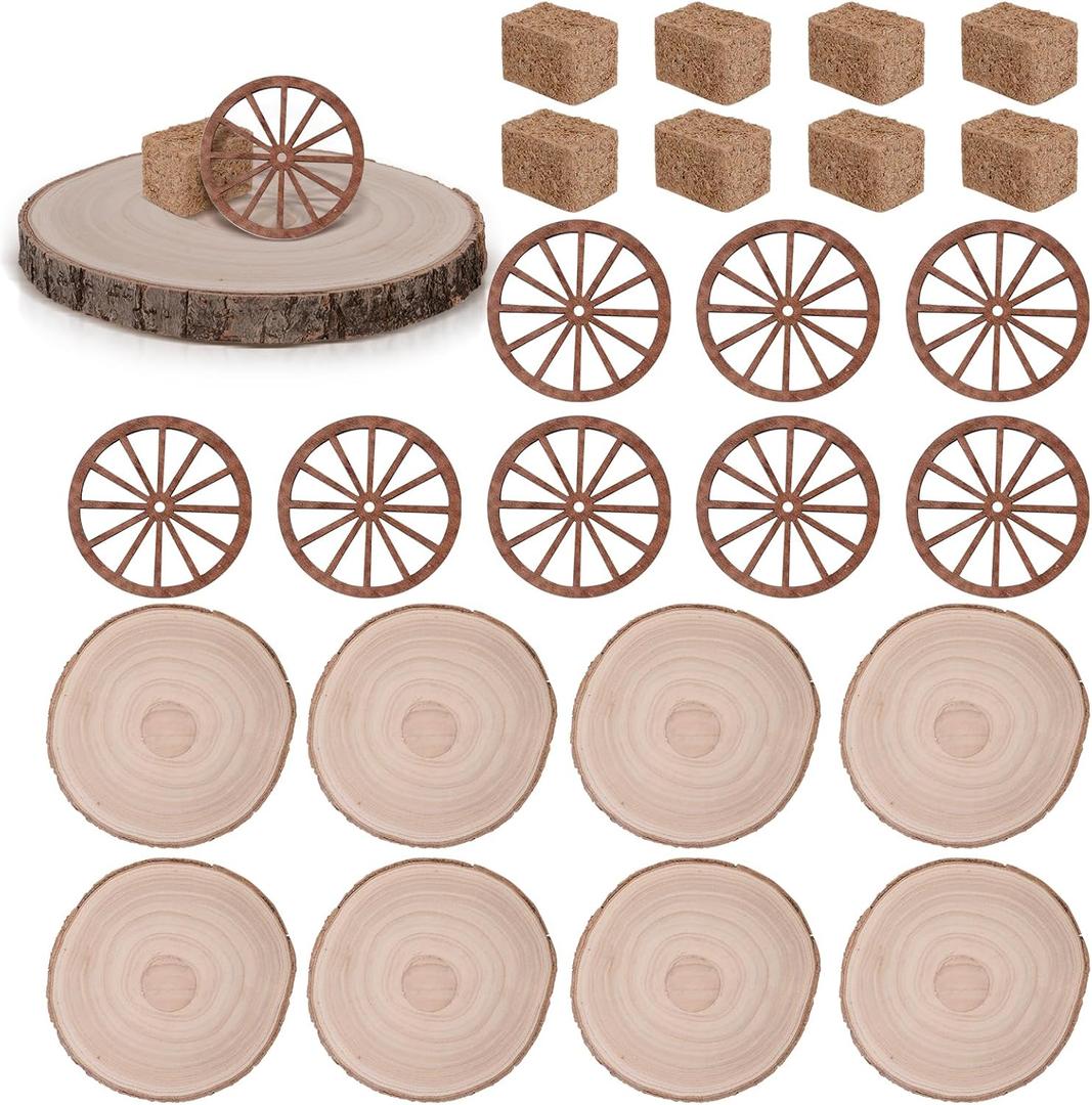24PCS Western Party Decorations Mini Cowboy Centerpieces Wagon Wheel Crafts Wooden Plate Mini Hay Bales Vintage Table Centerpieces Supplies for Western Cowboy Theme Birthday Wedding Party Favors Decor