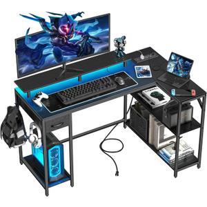 47 inch Gaming Desk with Power Outlet & LED Light, Reversible L Shaped Desk, L Shaped Desk with Hook & Monitor Stand, Computer Desk with Drawer and Shelves for Home Office Bedroom (Black)