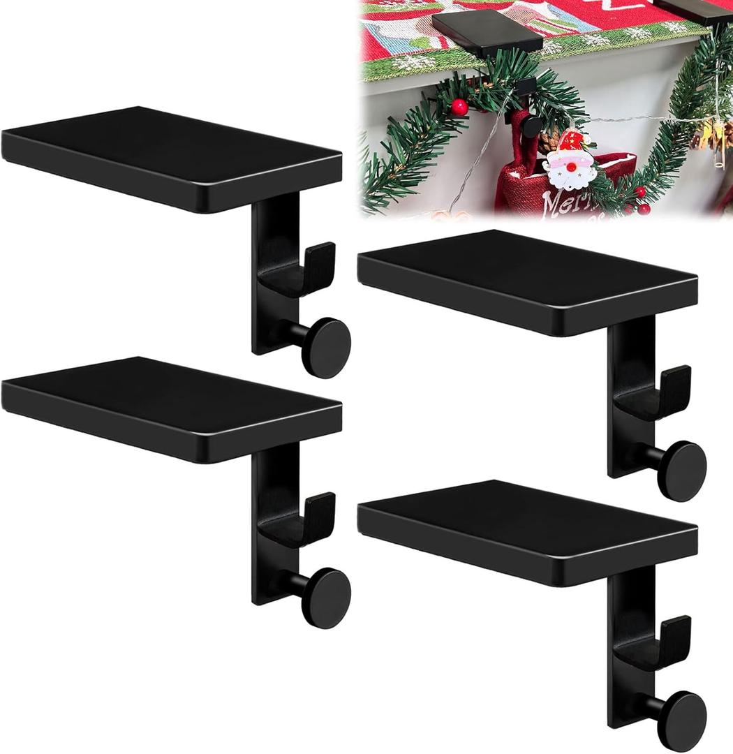 4 Pcs Black Garland Hangers for Mantle, 2 in 1 Mantle Weighted Christmas Stocking Hanging Hooks Stocking Holder with Double Sided Tape -Each Mantle Holder Has Two Hooks for Dual Purpose (Black-4 Pcs)