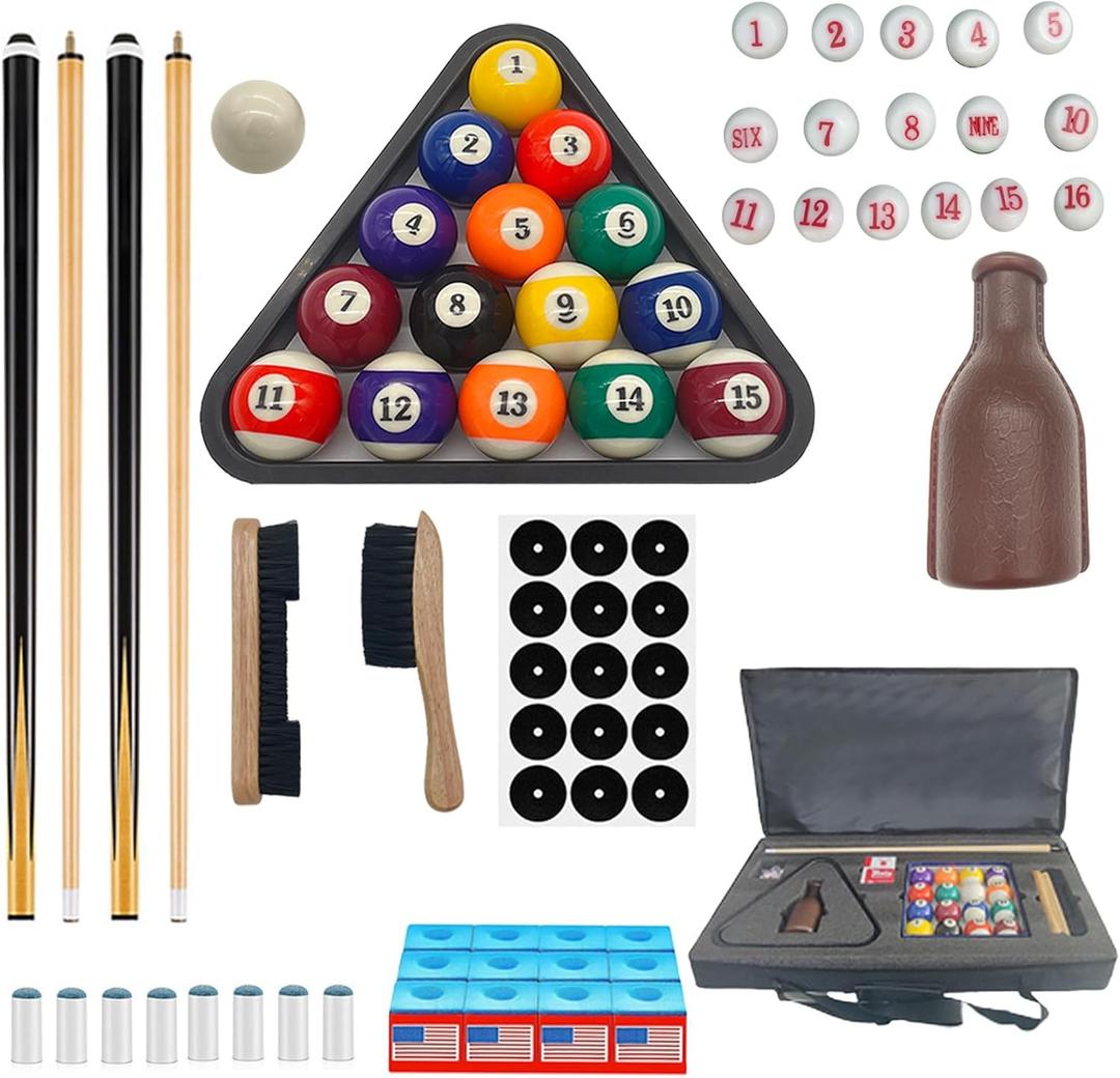 Pool Table Accessories - Pool Balls Set, Cues, Cue Tips, Chalk, Triangle, Brush & Spot Position Stickers