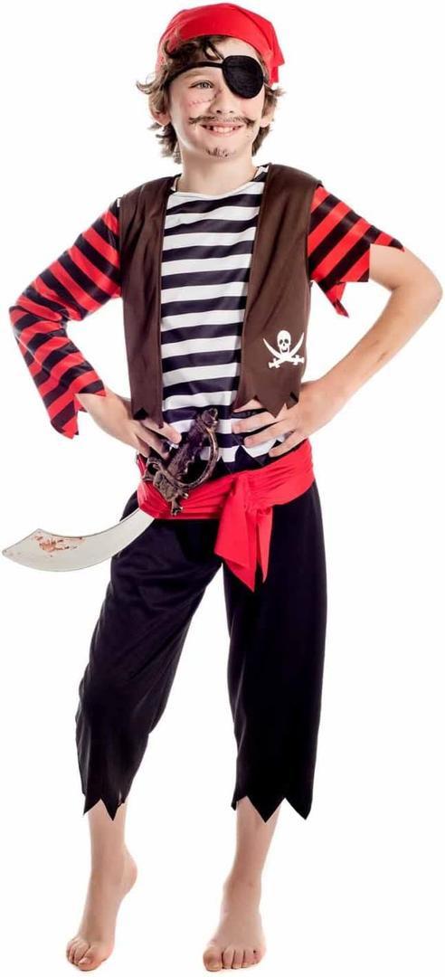 Boys Pirate Costume Kids Sea Captain First Mate Stripey Outfit (Medium)