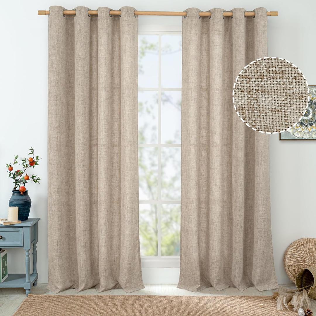 Oatmeal Linen Curtains for Living Room 84 Inch Length 2 Panels, Burlap Textured Curtains Light Filtering Thick Semi Sheer Grommet Farmhouse Living Room Curtains, 52 Inch Wide, Dark Oatmeal