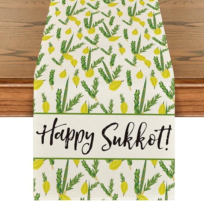 Artoid Mode Happy Sukkot Etrog Table Runner, Sukkah Jewish Holiday Fall Harvest Kitchen Dining Table Decoration for Home Party Decor 13 x 72 Inch