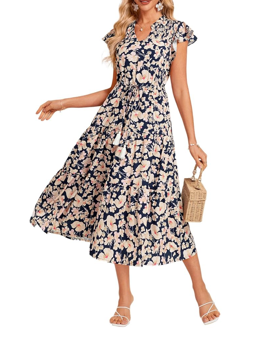 GRACE KARIN Womens Summer Floral Midi Dresses Short Sleeve Beach Wedding Guest Dress Drawstring Long Flowy Dress with Pockets Medium