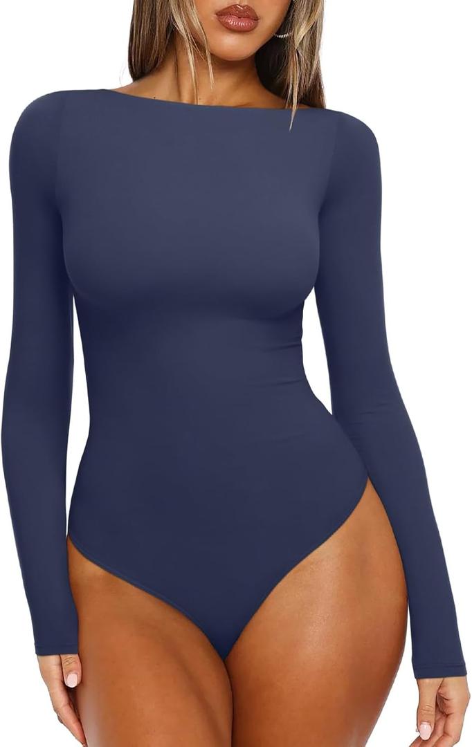 REORIA Women's Boat Neck Long Sleeve Bodysuit Basic Going Out Body Suits Tops 2025 (Medium, Deep Blue)