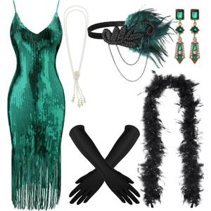 7 Pcs 1920s Women's Flapper Dress Sequin Dress Costume Headwear Earring Necklace Glove Stick Set and Long Feather Boa (X-Large, Malachite Green)