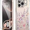 GVIEWIN for iPhone 16 Pro Case, with Screen Protector & Camera Lens Protector [Not Yellowing] Floral Slim Shockproof Protective Clear Flower Women Phone Cover 6.3'' (Floratopia/Colorful)