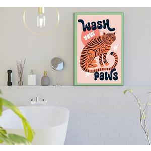 Framed Funny Bathroom Animal Wall Art Pictures Fun Toilet Canvas Prints Trendy Tiger Wash Your Paws Posters Funky Home Wall Decor 16x24in