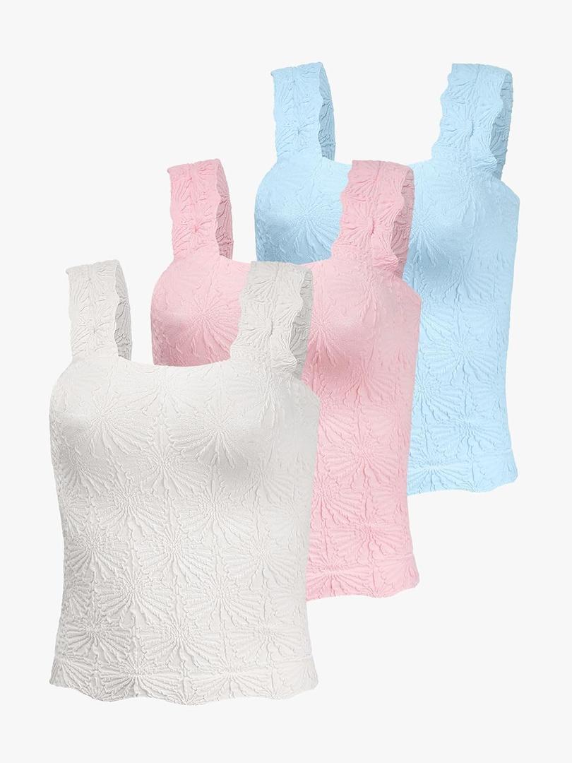 Women's Square Neck Seamless Wide Strap Crop Tank Tops,Slim Fit Flower Lettuce Trim Crop Cami Tops, Love Letter Cami,Medium, Blue，white，pink