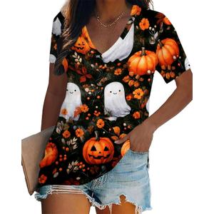 Women Halloween Shirt Funny Pumpkin Face Graphic Tees Autumn Casual V-Neck Fall Short Sleeve Loose Tops (Medium, Black)