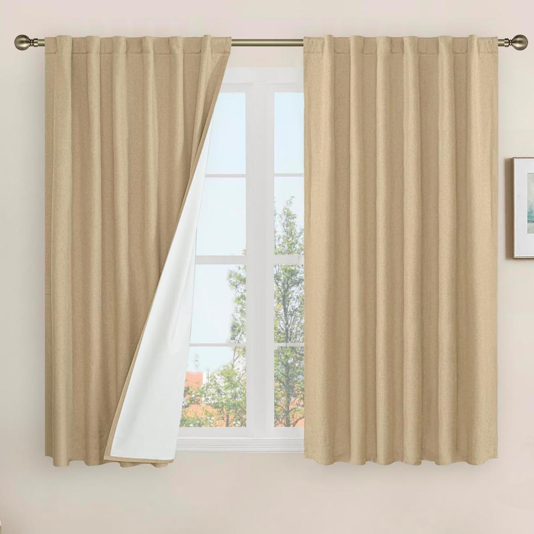 LAMIT Natural Linen 100% Blackout Window Curtains for Bedroom, 45 Inches Linen Textured Thermal Farmhouse Curtains Back Tab and Rod Pocket Burlap Panels with White Liner, 2 Panels, 52 x 45 Inch