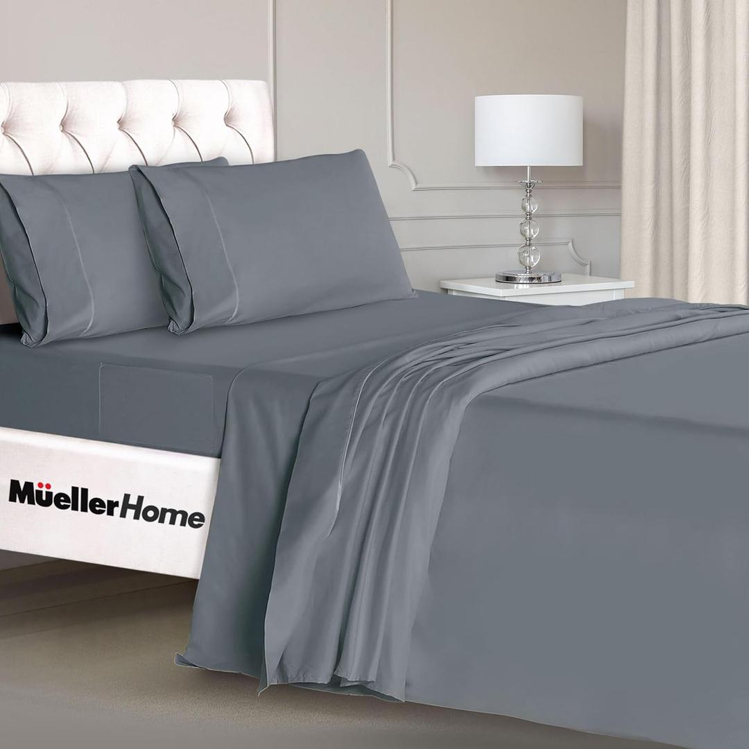 Mueller Luxury 4 Piece Twin XL Sheet Sets - Ultra-Soft 1800 Series, Cooling & Breathable Twin XL Bed Sheets, Hotel Quality Bedding, Deep Pocket up to 16" - Hypoallergenic, Wrinkle-Resistant,Light Grey (Twin XL, Light Grey)