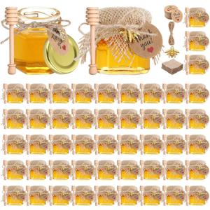 Funnymoom 30 Set Mini Honey Jars Party Favors in Bulk 1.5 oz Hexagon Glass Honey Jar with Dipper Bee Charms Thank You Cards Burlap Jute for Baby Shower Wedding Birthday Gift (Brown,Rustic)