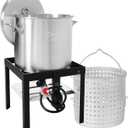 Creole Feast SBK0801 80 Qt Seafood Boiling Kit with Strainer, Outdoor Seafood Boil Pot and Basket with 100,000 BTUs Propane Burner and 10 PSI Regulator, Black & Silver