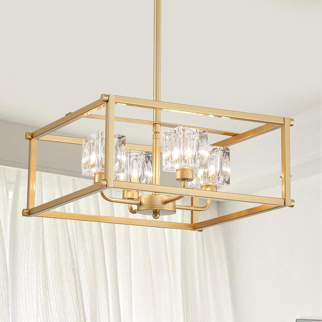 Modern Gold 4-Light Farmhouse Chandelier 15.7" Square Pendant Lighting Fixture Adjustable Height Ceiling Light for Kitchen Living Room Dining Room Hallway Bedroom Foyer