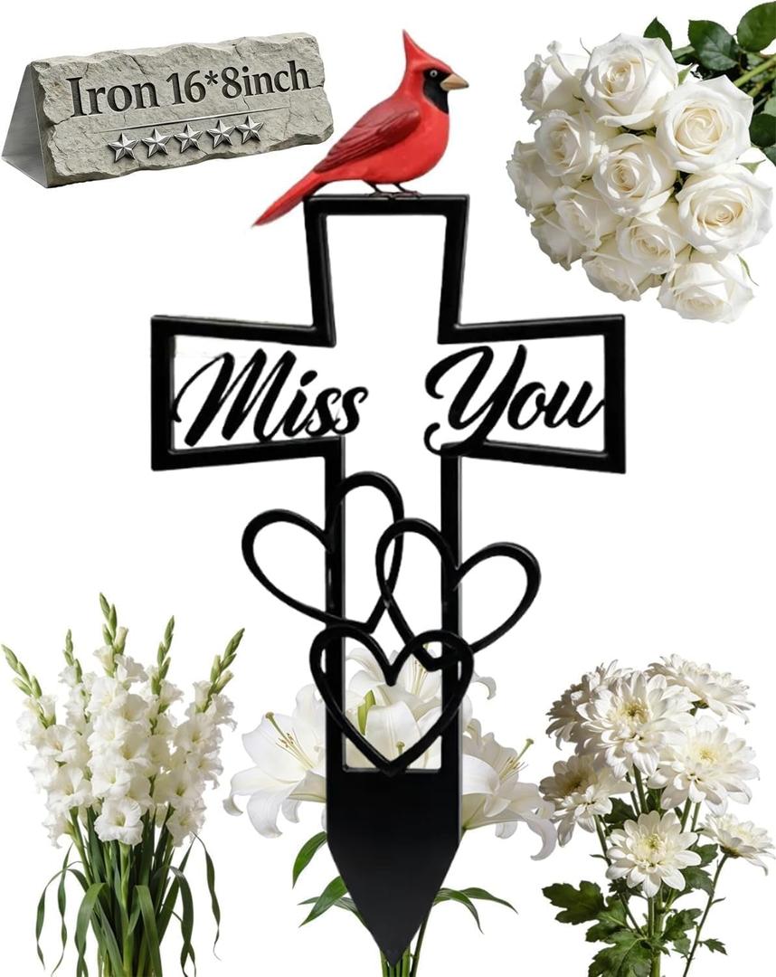 Cemetery Memorial Plaque with Cardinal, Metal Cemetery Memorial Plaque for Remembrance, Garden Decoration Plaque, Plaques Graveyard Sign with Cross Miss You Design