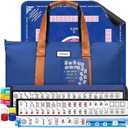 American Mahjong Game Set with Mat and Racks, Mahjong Tiles Set Include 166 White Tiles, Mahjong Mat, 4 All-in-One Rack/Pushers, Blue Bag and Mahjong Accessories, Mahjong Set Complete