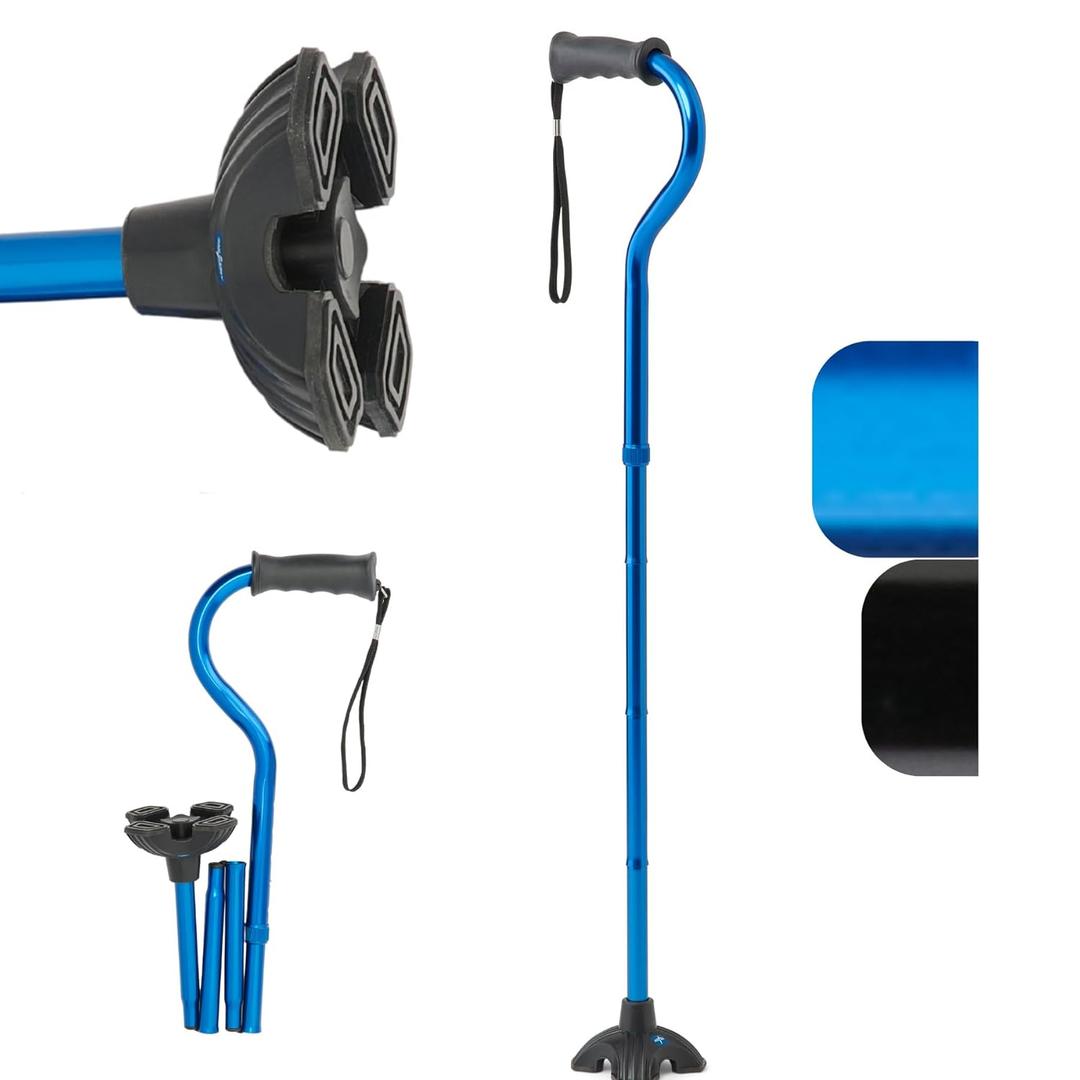 Medline Offset Folding Cane, 4-Point Base With Cushioned Gel Handle, Supports Up To 350 lbs, Blue