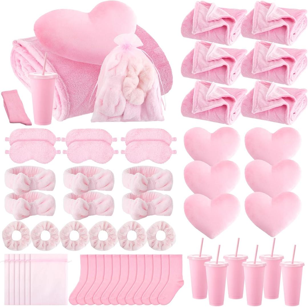 Fanfanwin 48 Pcs Sleepover Party Supplies Spa Birthday Slumber Pajamas Galentines Party Favors Coquette Throw Blanket Pillow Headband Scrunchies Eye Mask Cup Socks(Pink,Solid Color)